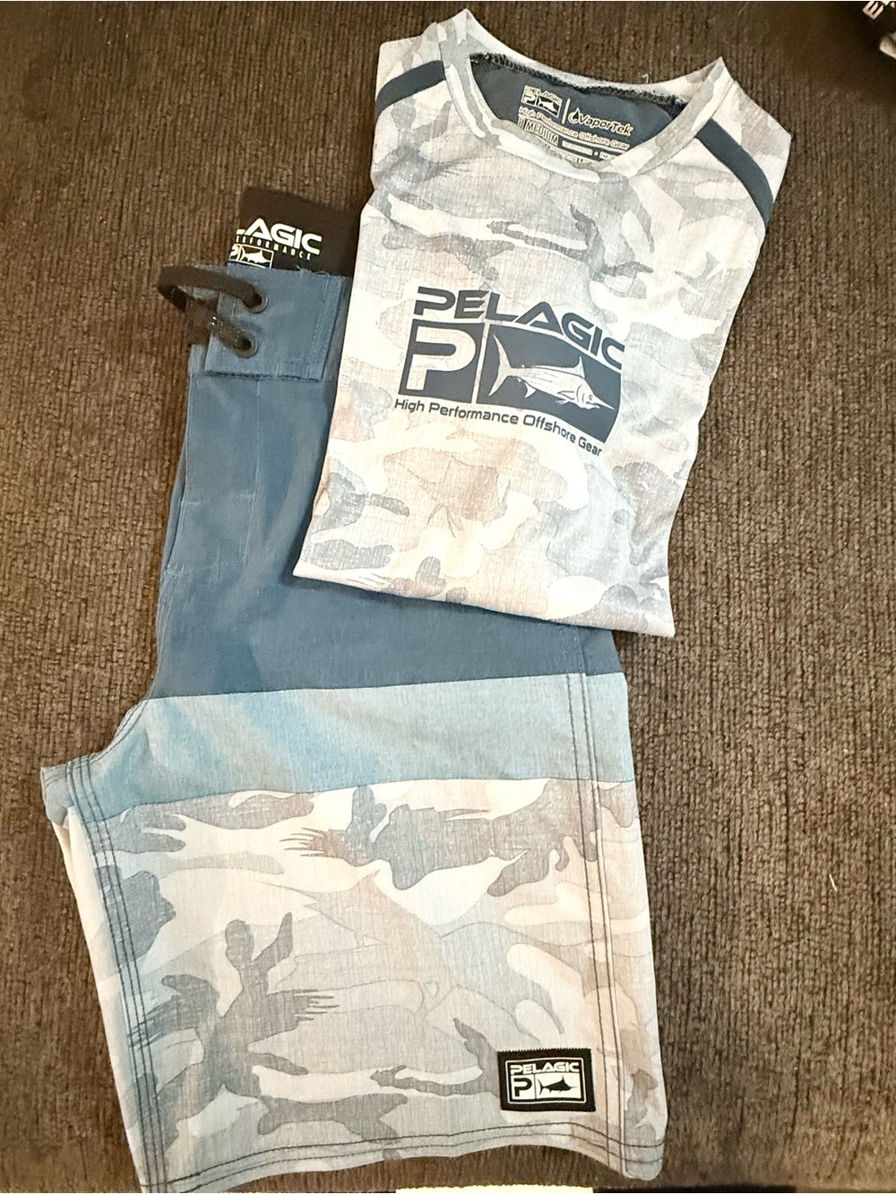Pelagic Bundle Boys Blue & Gray Fishing Shorts & Matching shirt Size M.